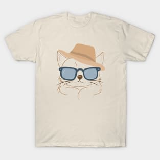 Chic Cat in Brown Hat and Blue Shades - Minimalistic Cat Art T-Shirt